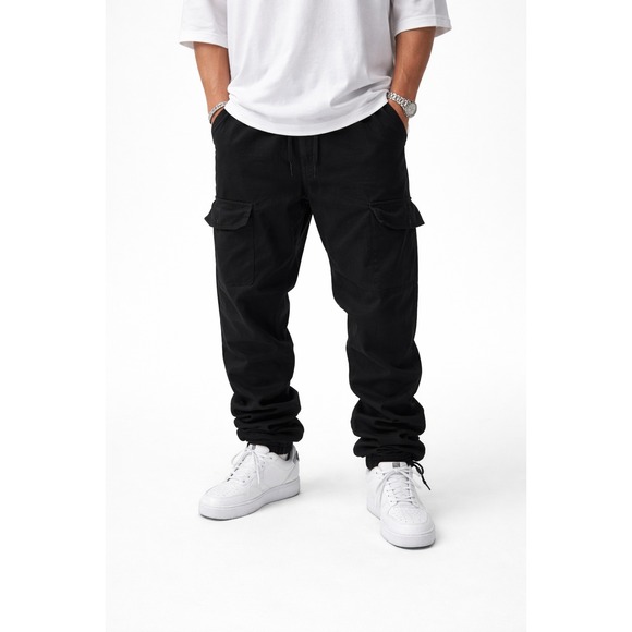 blackicon Other - Blackicon Mens Cargo Jogger Pants Black Cotton Elastic Waist Stacked Size M